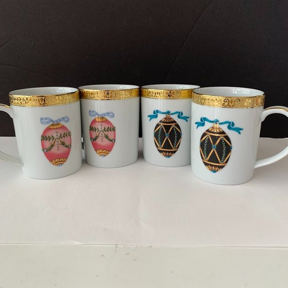 SET OF 4 GOLD BUFFET ROYAL GALLERY 1991 HOLIDAYS FABERGE EGG CUPS MUGS NOT USED - Picture 1 of 11